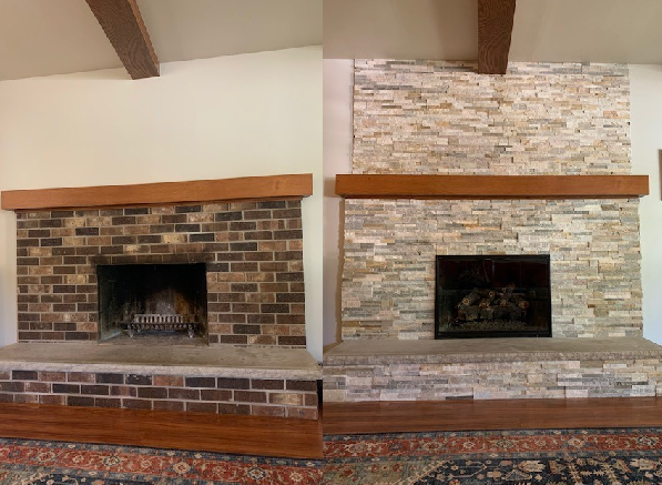 Stone fireplace before and after